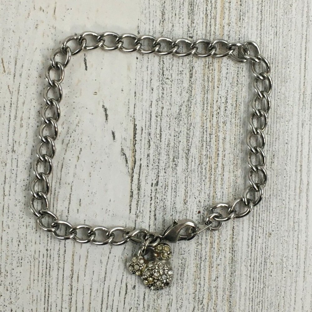 Walt Disney World Parks Silver Tone Charm Bracelet Mickey Head Crystal
